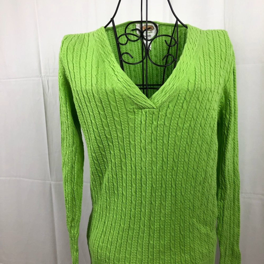 Talbots green cotton cable knit V neck sweater S